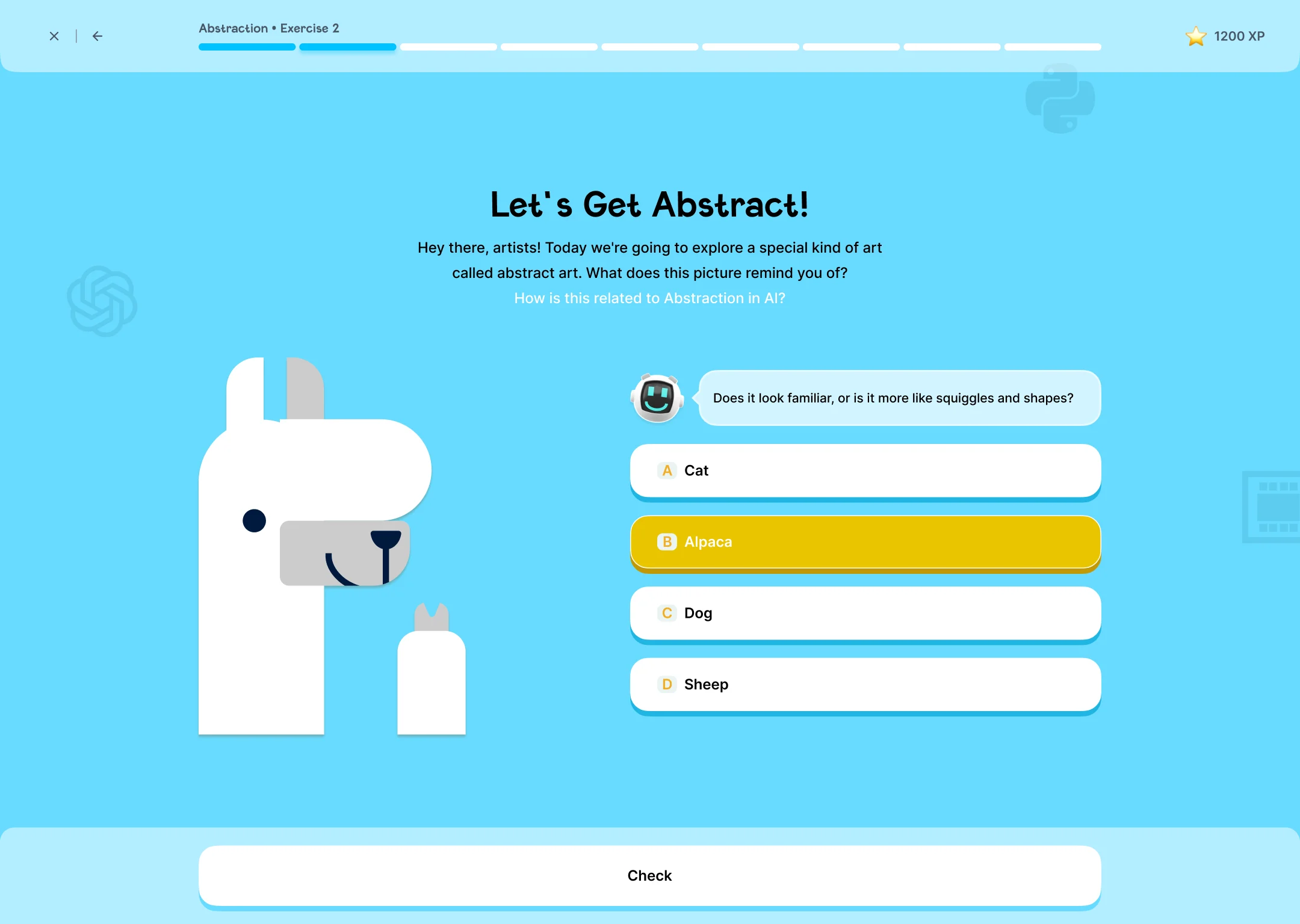 Let's Get Abstract exercise with an alpaca made of simple shapes