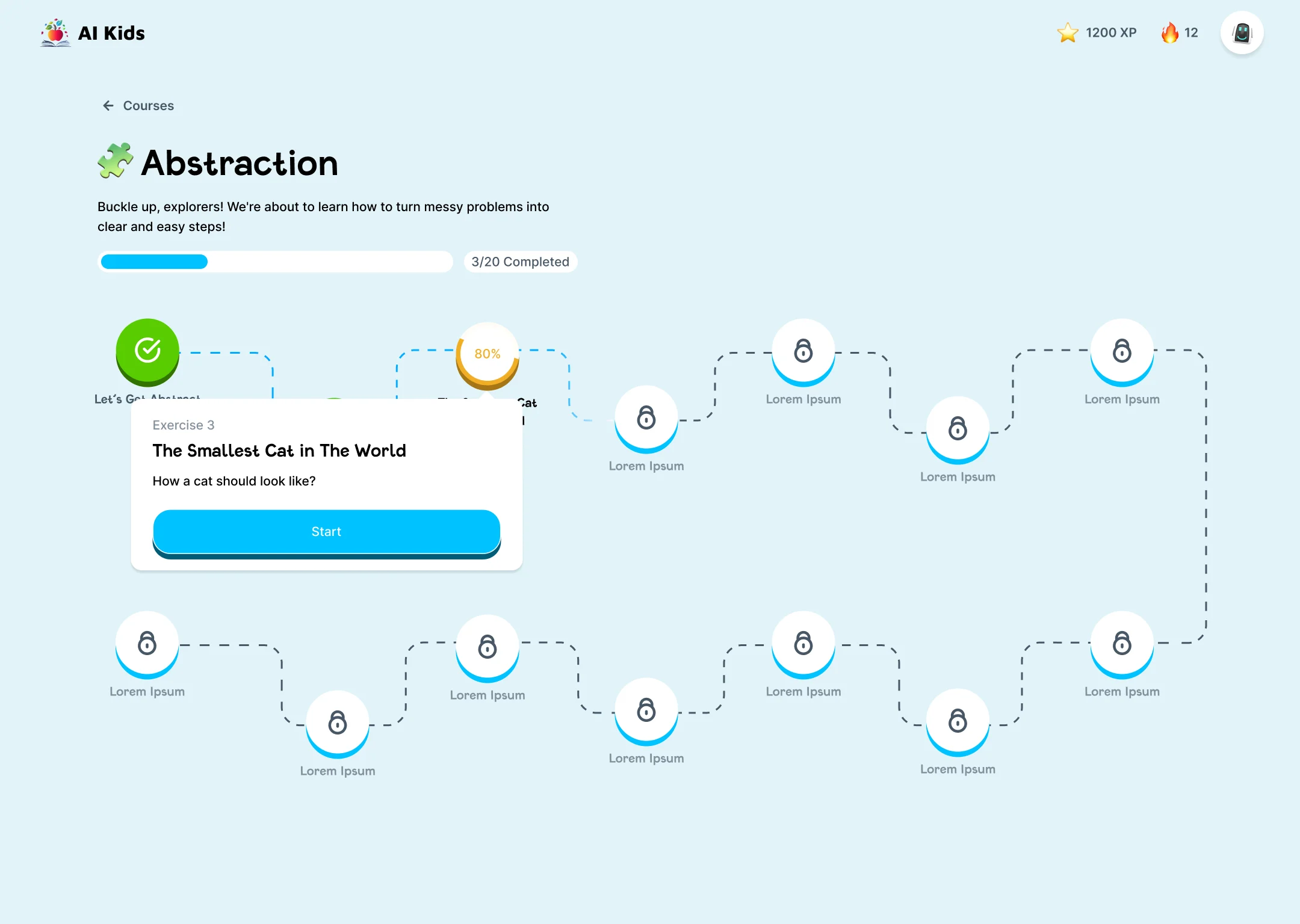 Abstraction course map with completed, in-progress and locked lessons