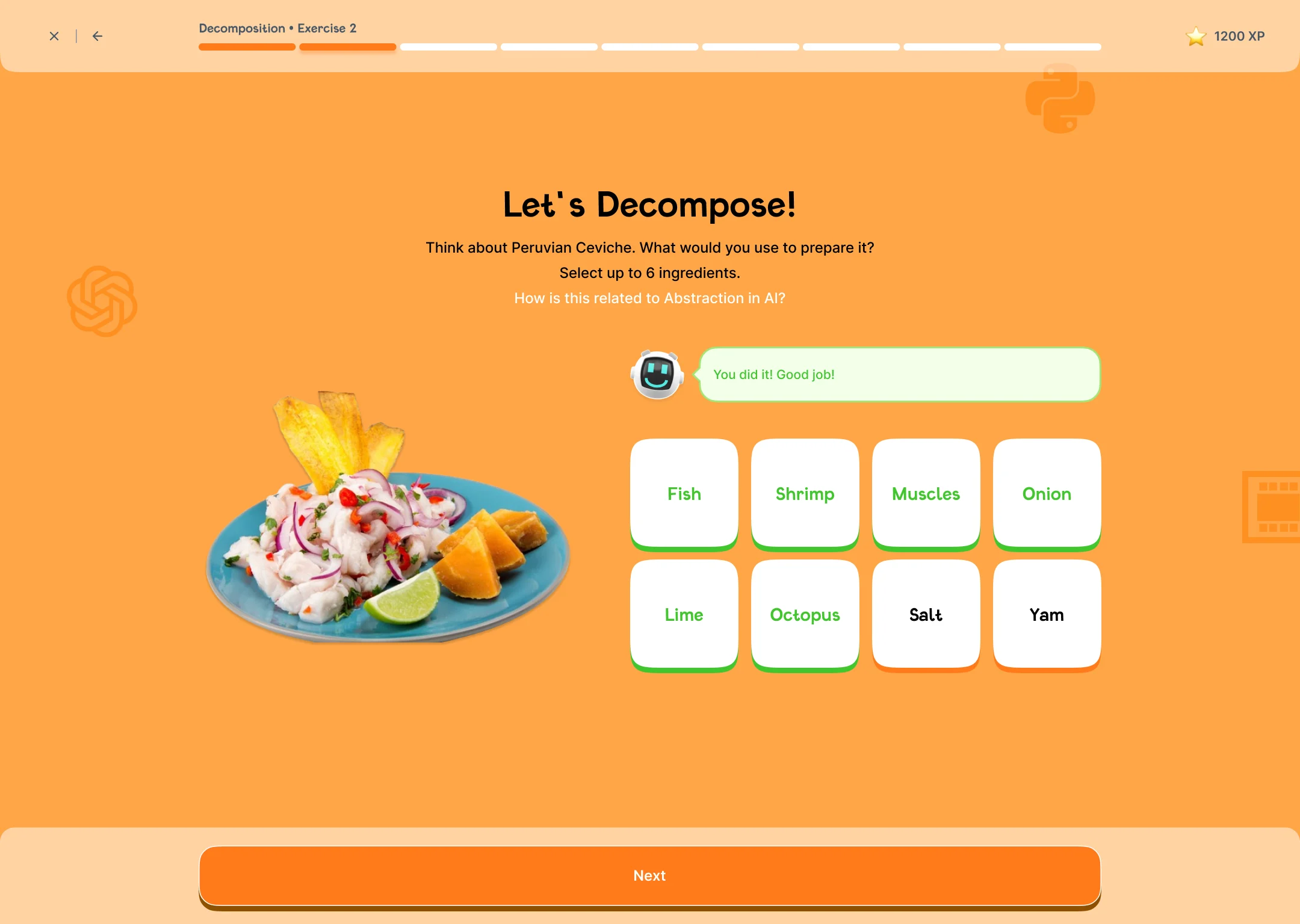 Let's Decompose exercise: choosing ceviche ingredients