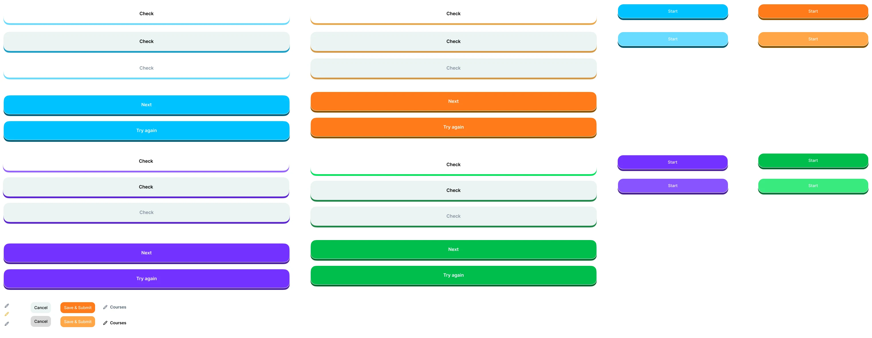 Button components in four colour themes and their states