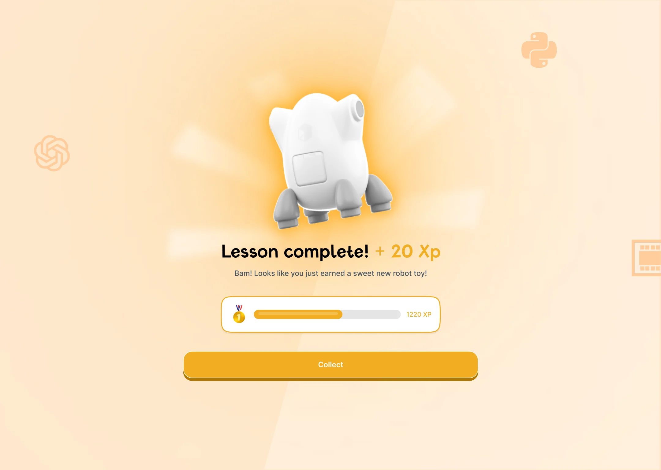 Lesson complete screen with a new robot toy reward