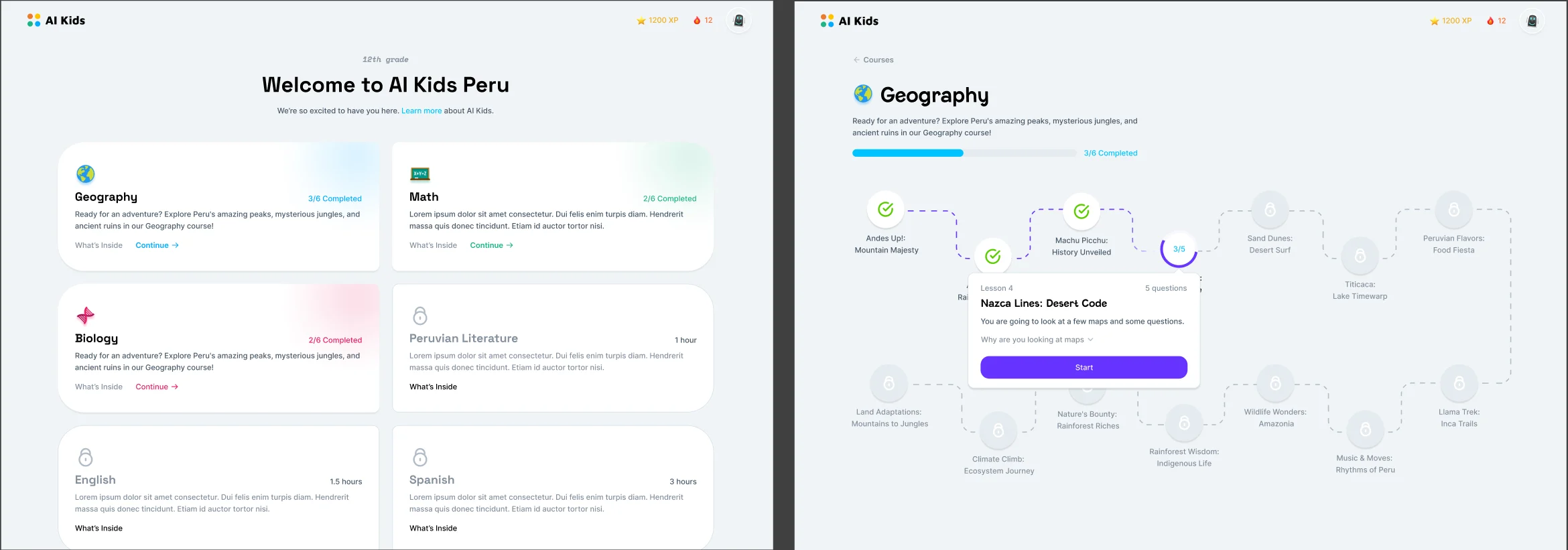 First design direction: school subjects with a Geography course map