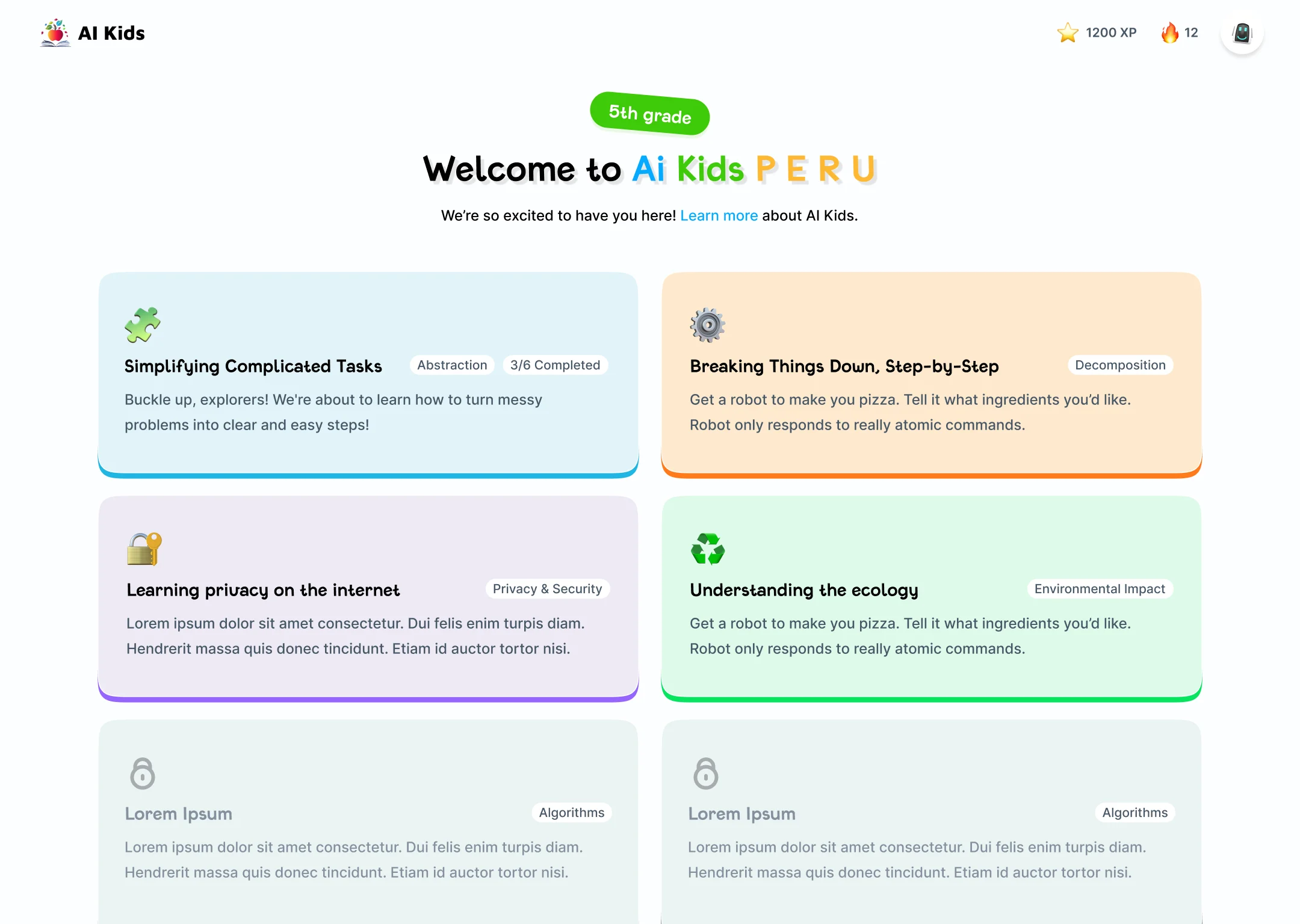 Final home screen with colour-coded lesson tracks