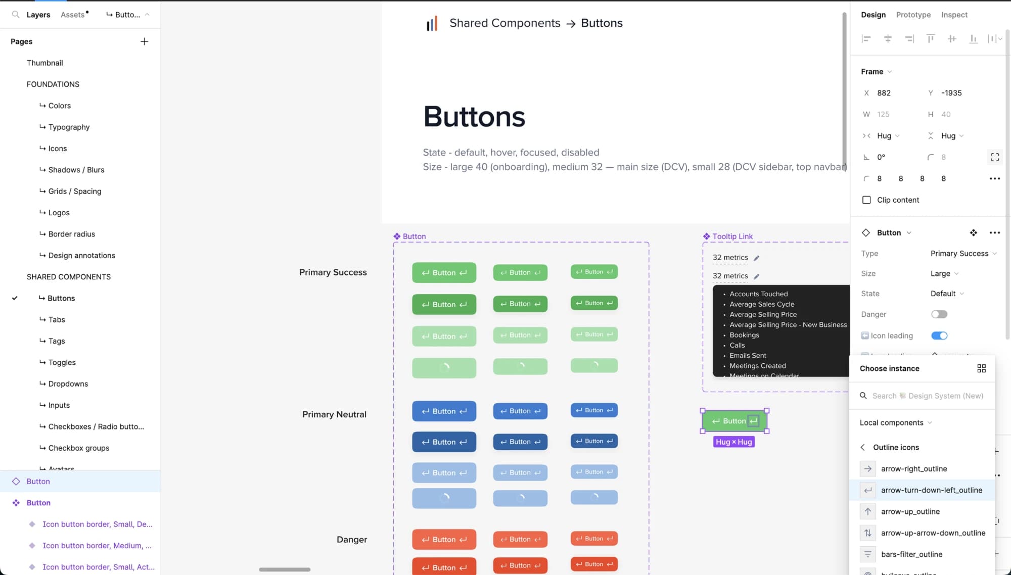 Button components with states and sizes