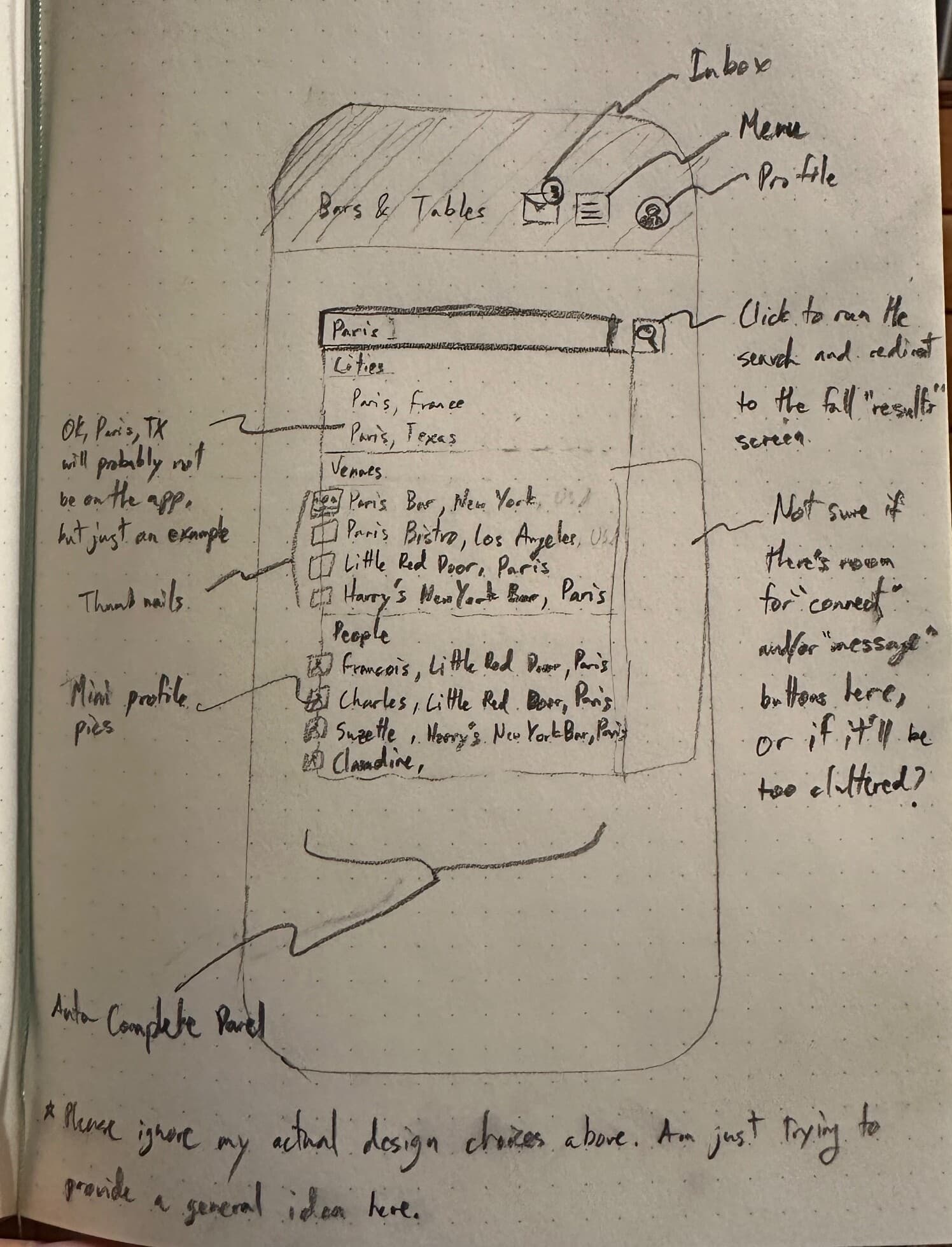 Pencil sketch of a phone screen with a search autocomplete panel listing cities, venues and people