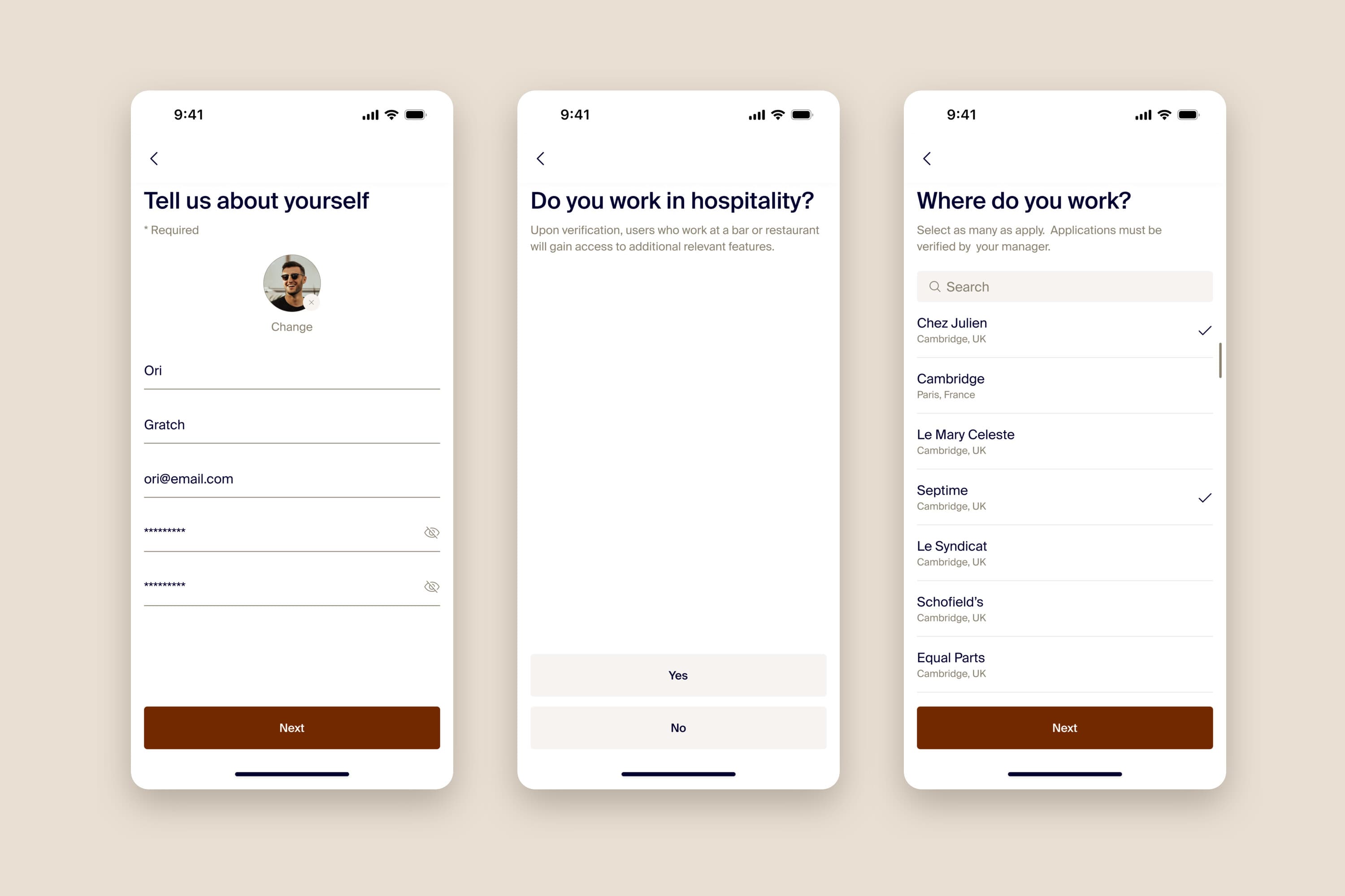 Onboarding screens: profile, do you work in hospitality, where do you work