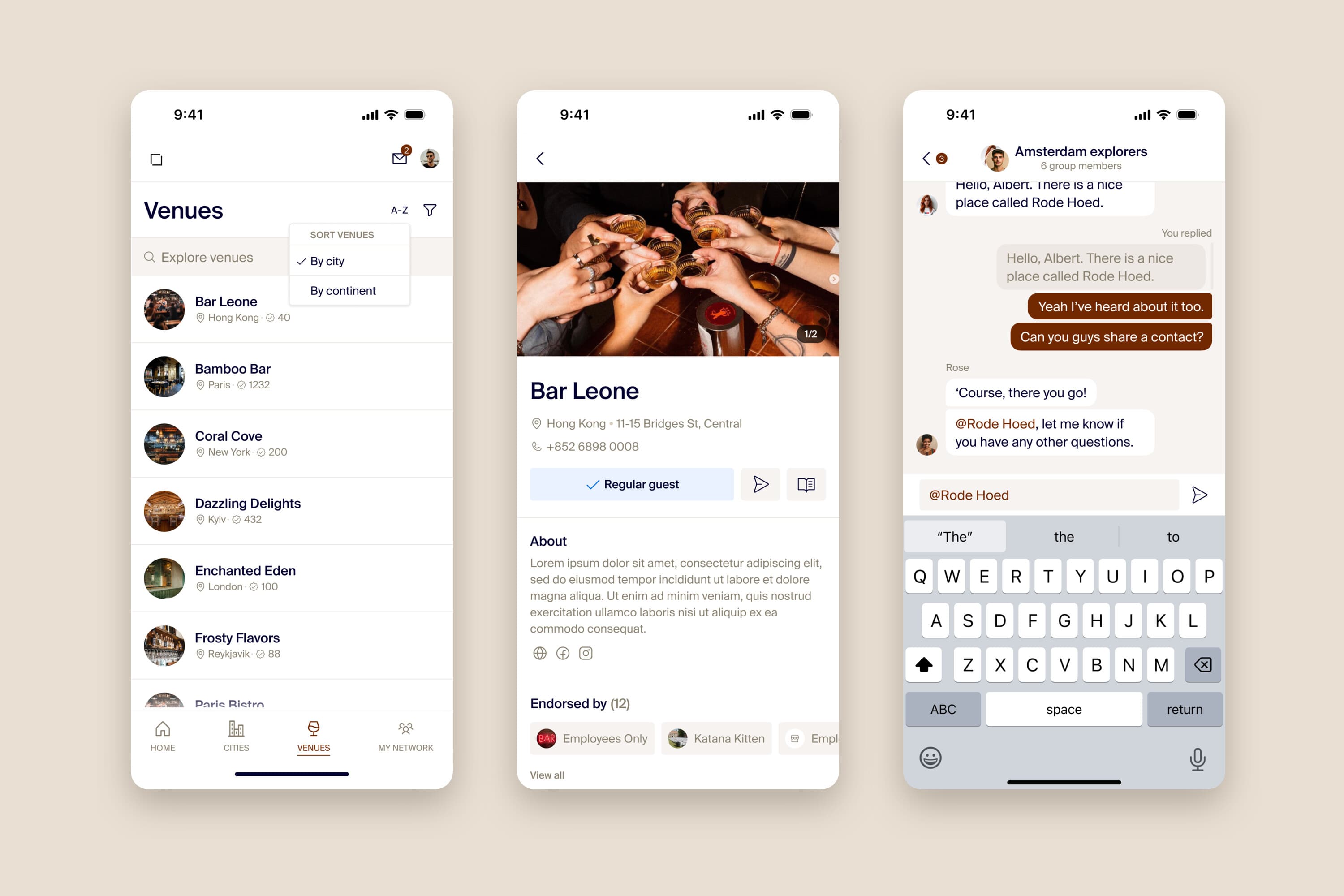 Venue list with photo previews, a venue page with endorsements, and a group chat that CCs a venue