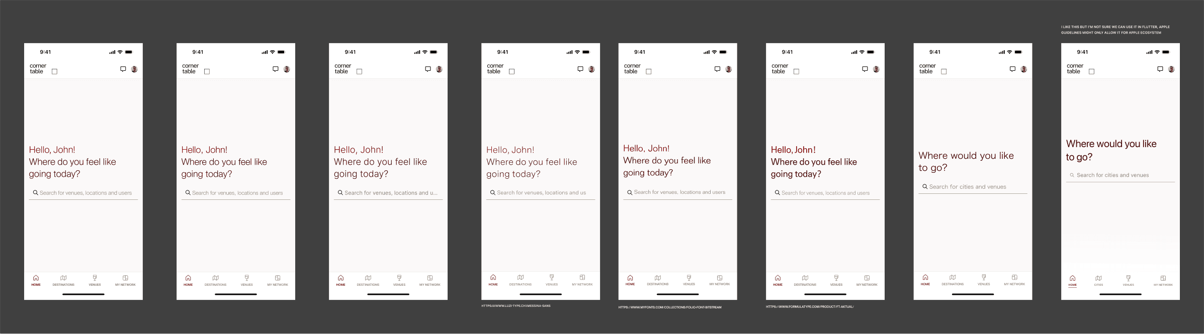 Ten typeface explorations for the app
