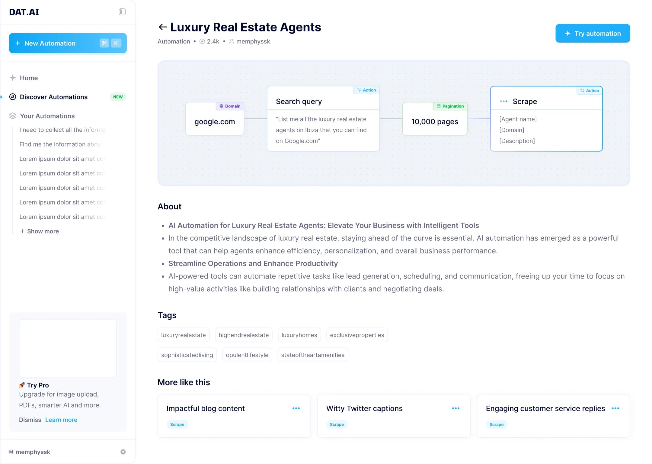 Automation detail page with workflow, about, tags and more like this