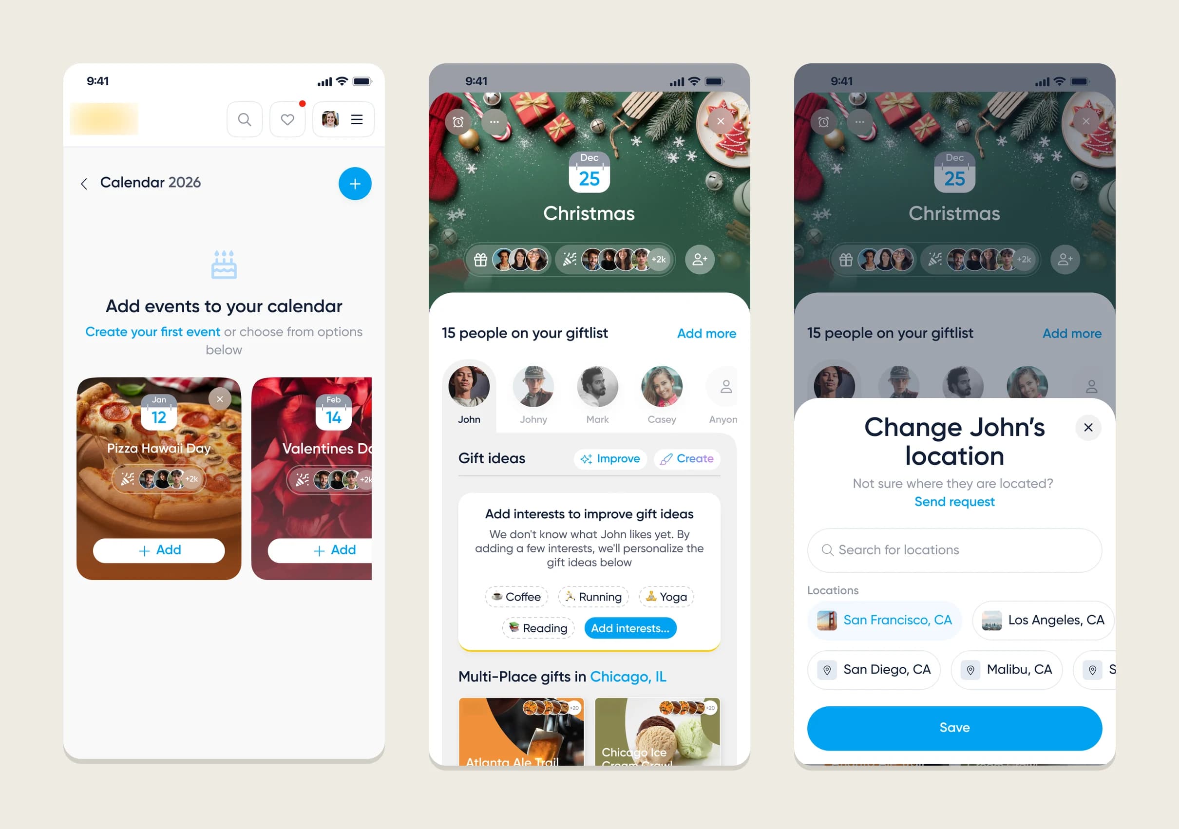 Calendar, event page and location sheet on mobile