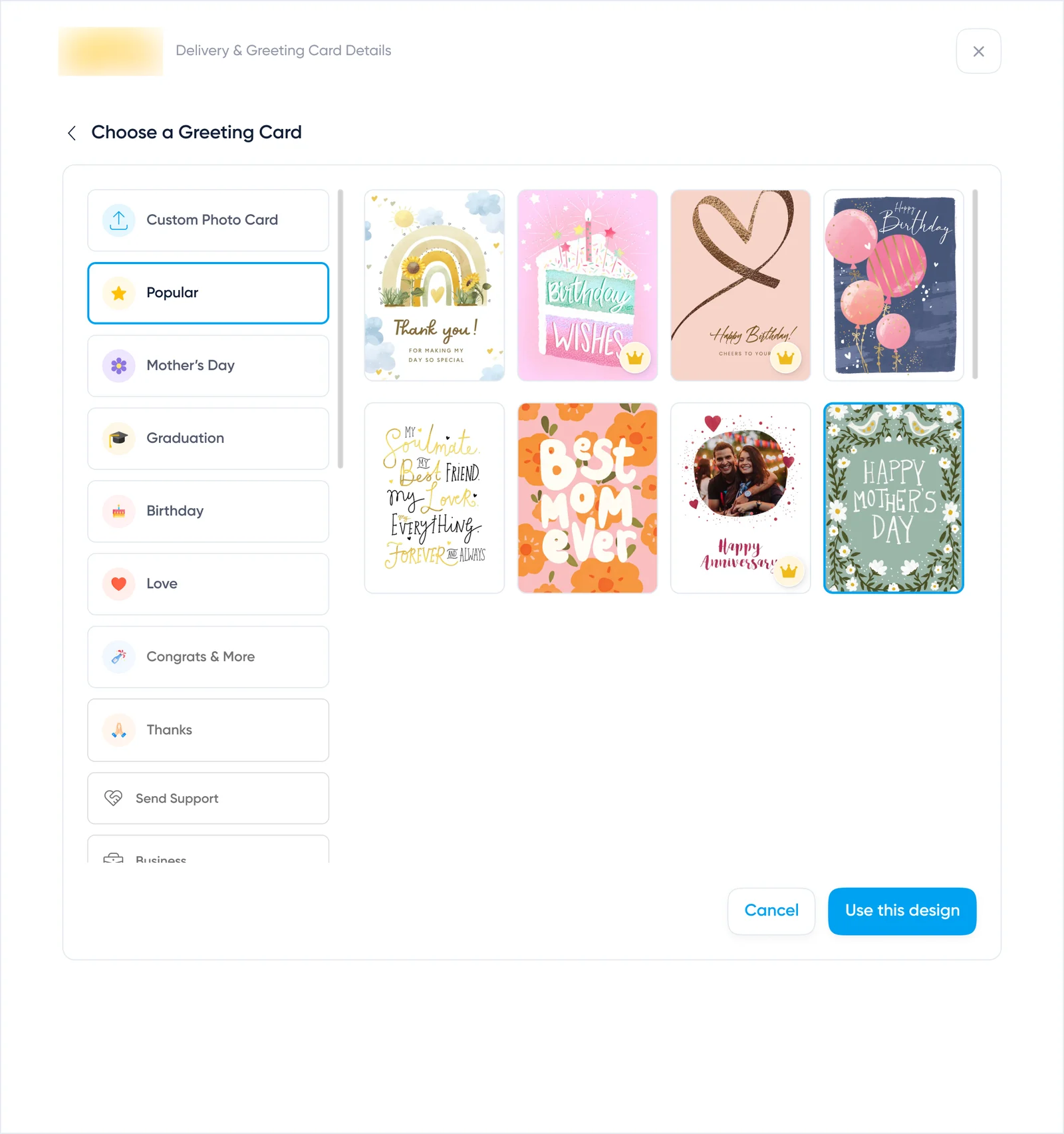 Greeting card picker with categories