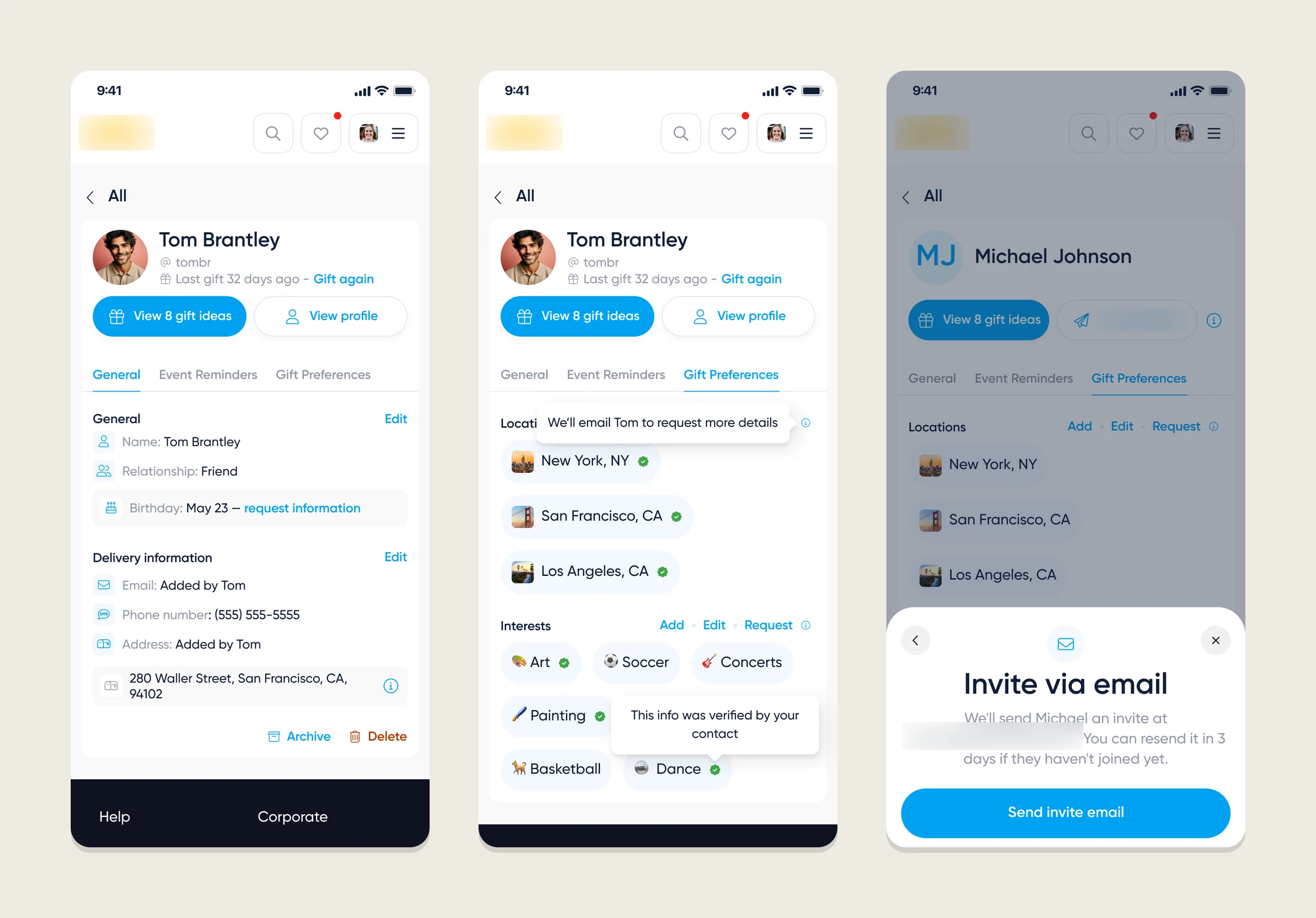 Contact profile, gift preferences and invite on mobile