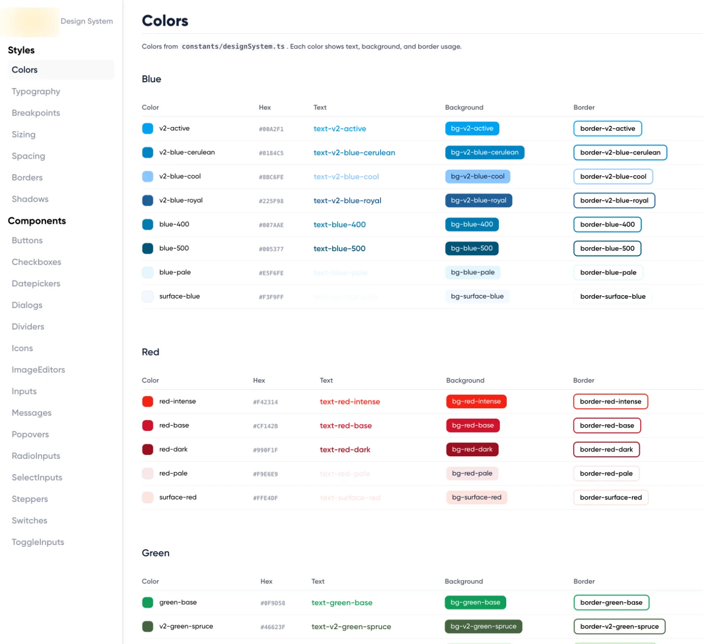 Coded design system documentation, colours page