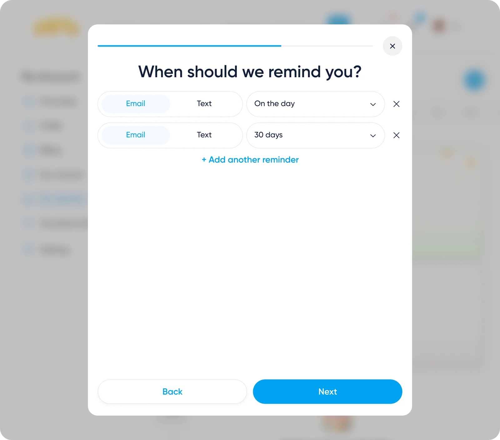 Reminder settings by email or text
