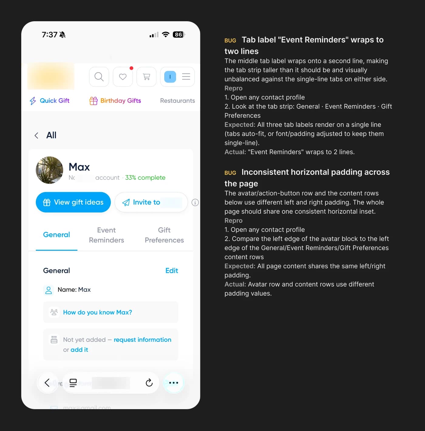 Design QA notes next to a phone screenshot