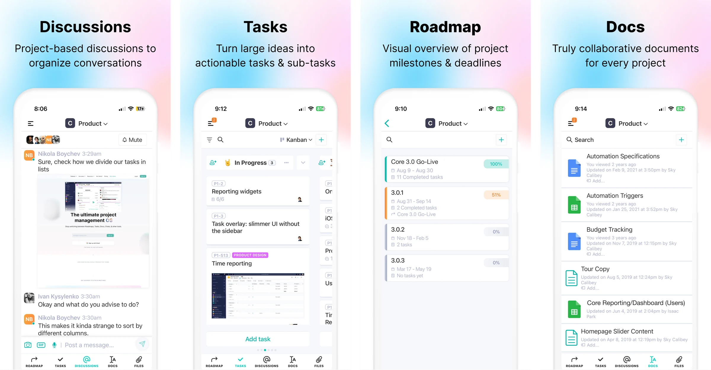 Four store screenshots for Discussions, Tasks, Roadmap and Docs