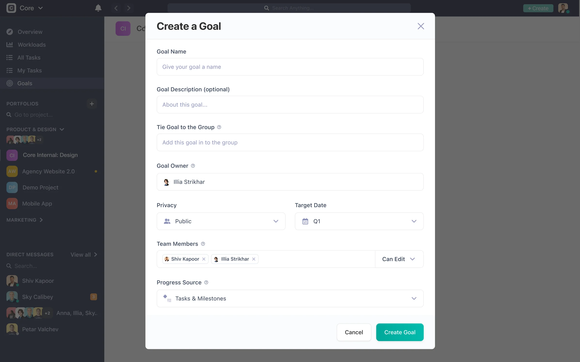 Create a Goal form with name, group, owner, privacy, target date, members and progress source