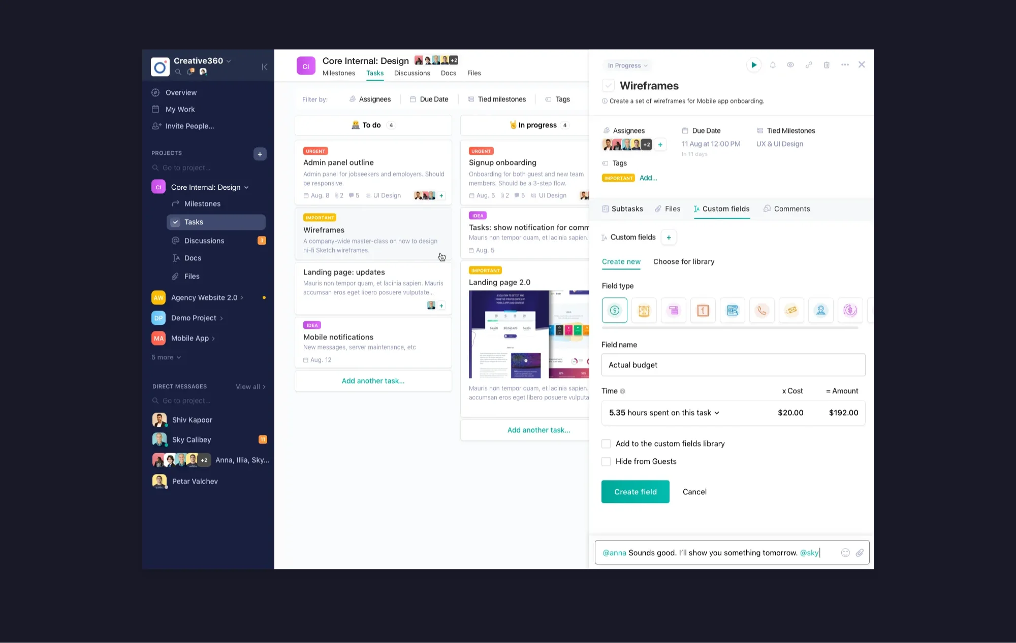 Kanban task board with a task's custom fields open