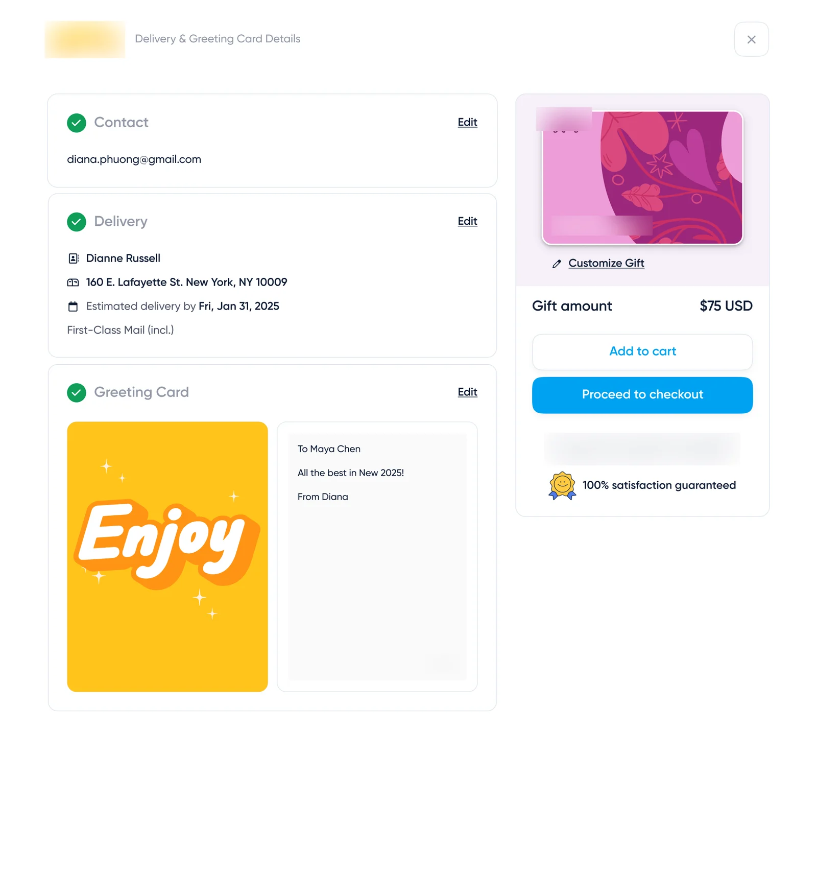 Checkout with gift preview