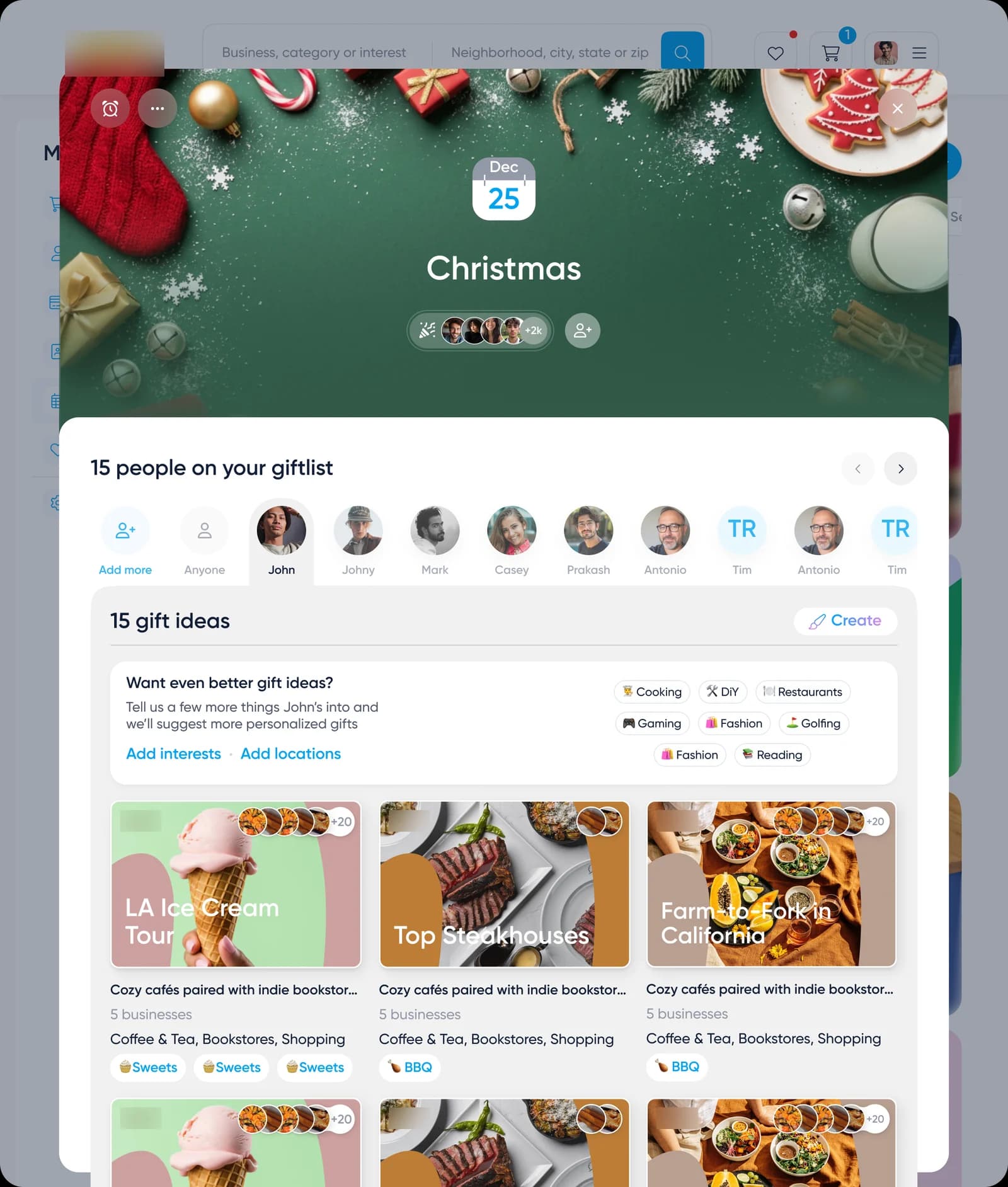Event page with gift ideas