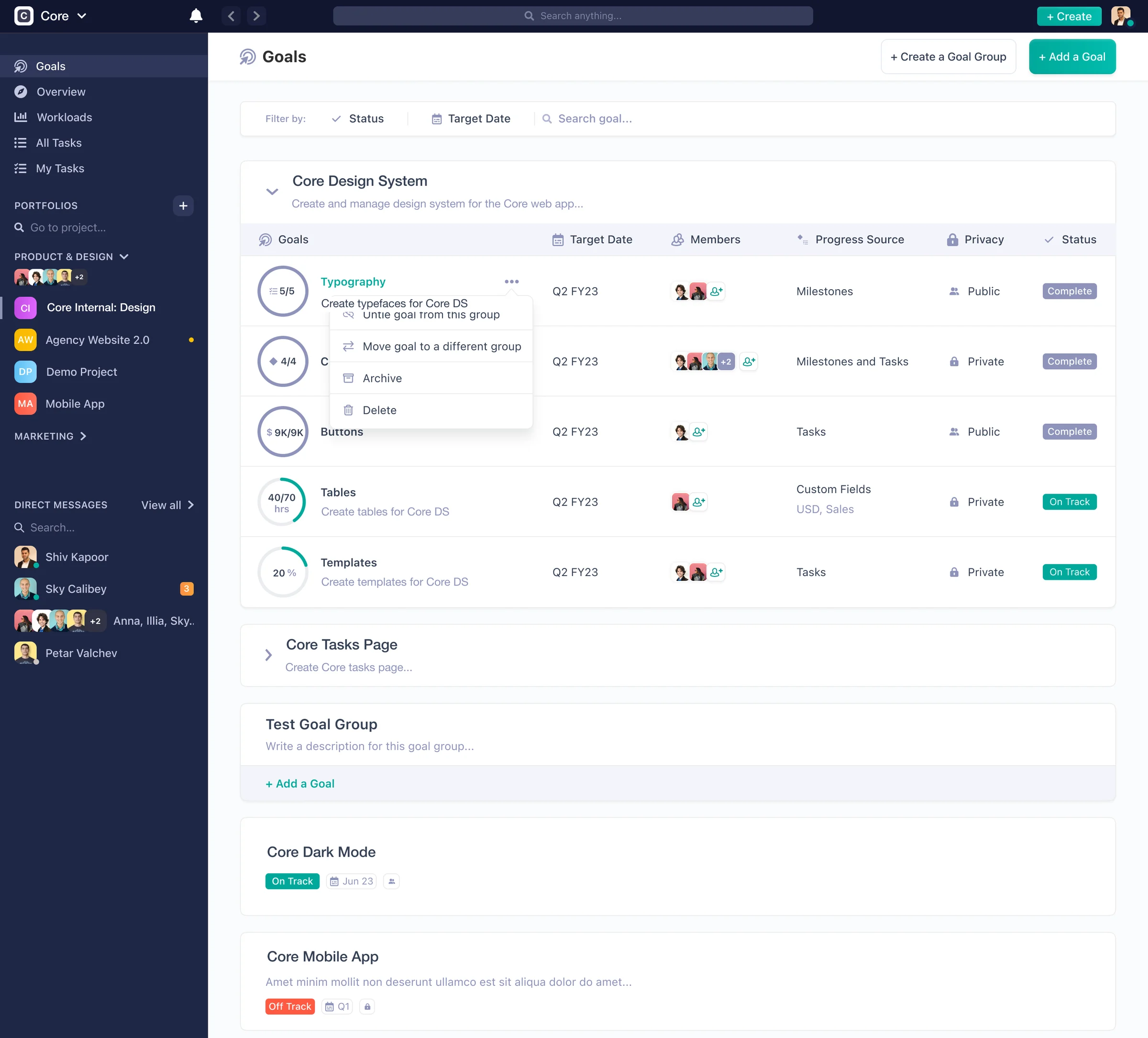 Goal groups with progress rings and statuses