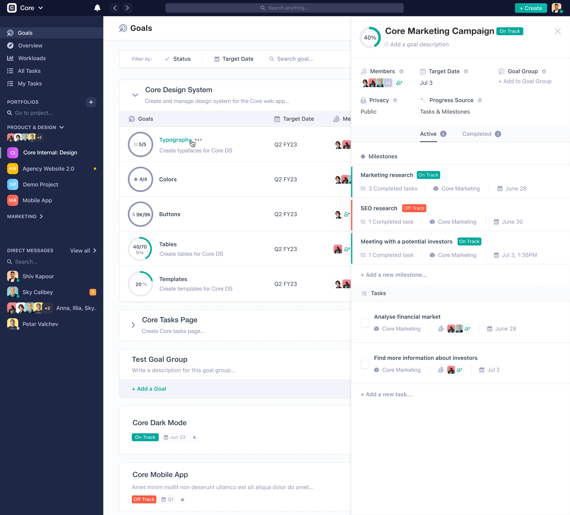 Goal detail panel with milestones and tasks